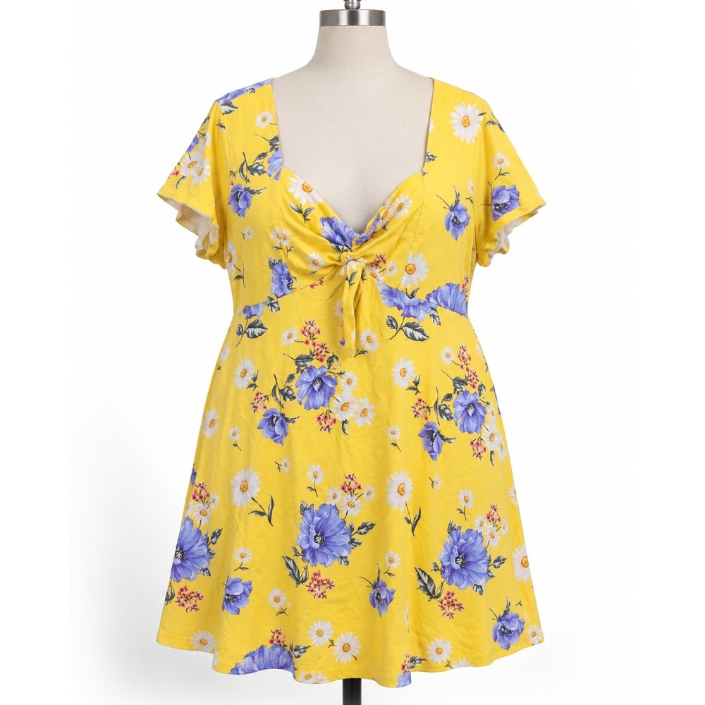 Forever 21+ Floral Mini Dress Womens 3X Yellow Daisy Tie Front Good Condition